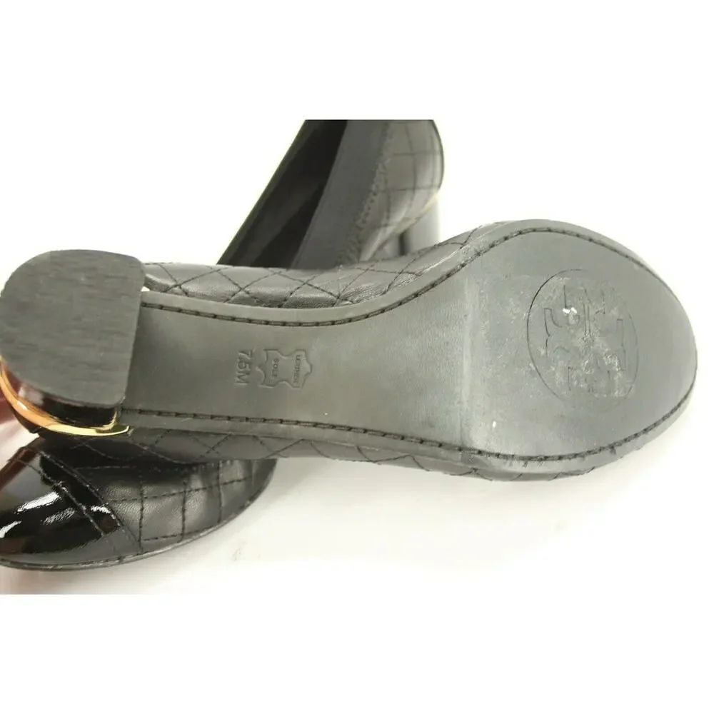 Tory Burch Black Leather Carrie Cap Toe Ballet Heels Pumps Size 7.5 Logo
